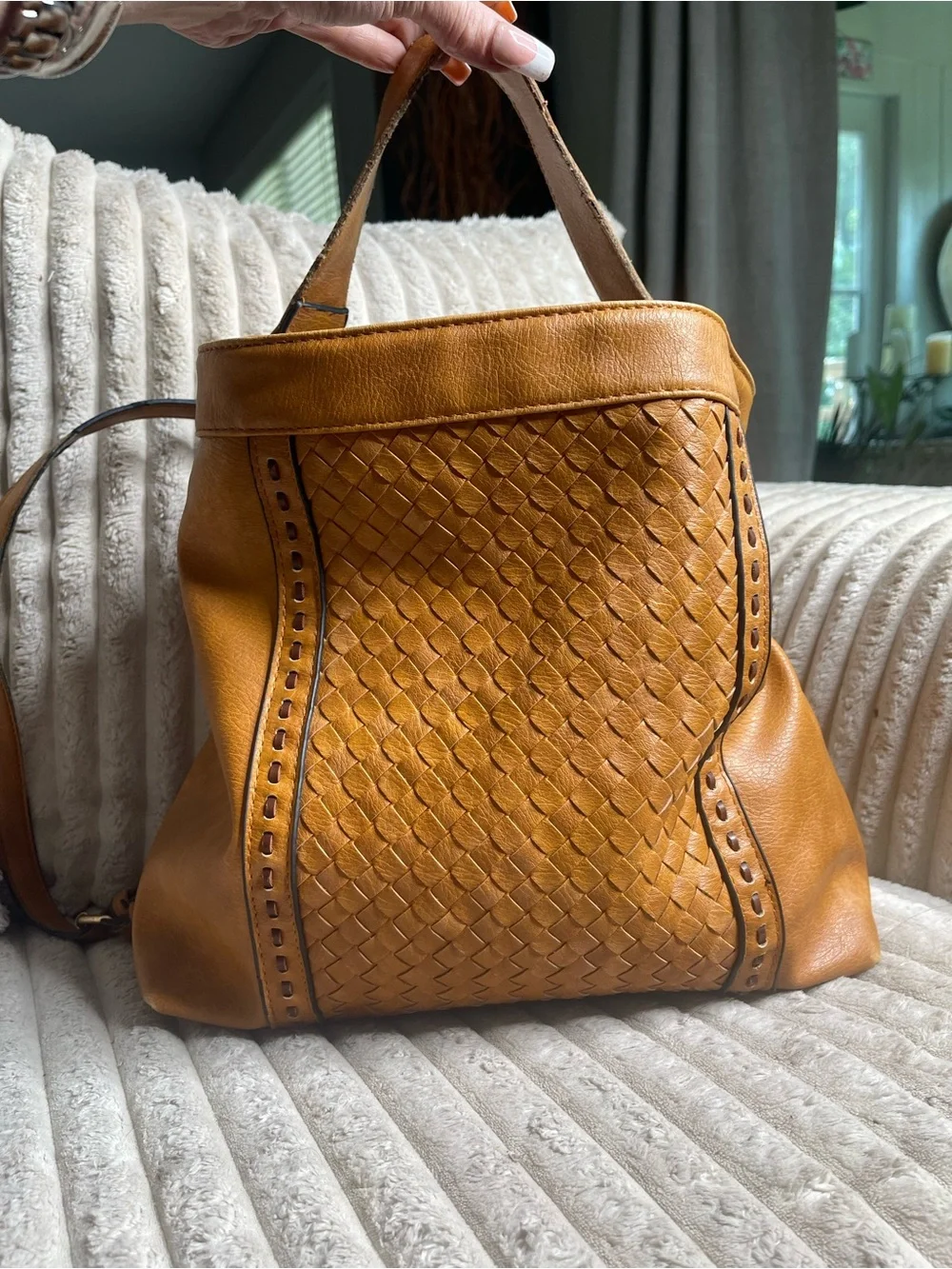 Vilenca Holland Woven Leather Convertible Backpack Shoulder Bag Cognac